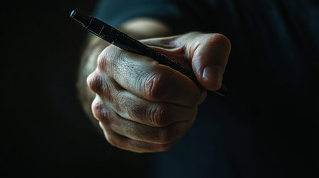 A close-up image of a person's hand gripping a pen tightly, illustrating tension and focus, set against a dark background. Perfect for themes of creativity and concentration.の素材