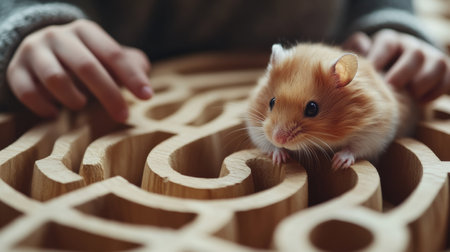 A person interacts with their pet hamster in a captivating wooden maze game, showcasing a delightful moment of fun and connection between them.の素材