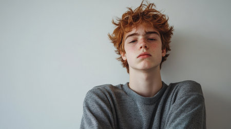 A contemplative portrait of a young person with slumped shoulders and a neutral expression, evoking feelings of introspection and solitude against a plain background.の素材