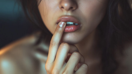 A close-up image of a person biting their lip while fidgeting with their hand, capturing a moment of subtle emotion and beauty in soft light.の素材