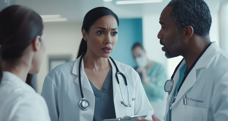 A group of healthcare professionals engaged in deep discussion, coordinating patient care in a modern medical environment. Their teamwork is essential for effective treatment.の素材