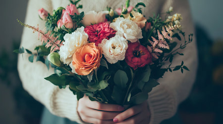 A person holds a beautiful bouquet of fresh flowers, symbolizing love and nature's beauty. This bouquet features vibrant colors and a delicate arrangement, perfect for any occasion.の素材