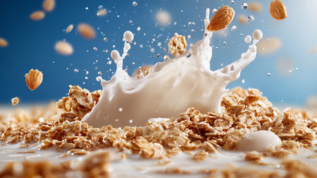 A dynamic image of almond milk splashing onto a pile of granola, showcasing the freshness and energy of a healthy breakfast. Perfect for food and beverage themes.の素材