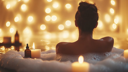 A serene scene featuring a person enjoying a bubble bath surrounded by glowing candles, creating a tranquil atmosphere perfect for relaxation and self-care.の素材