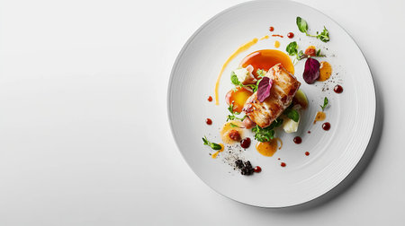 Discover a visually stunning gourmet meal artfully presented on a sleek plate, showcasing fresh ingredients and elaborate garnishes in a professional studio setting.の素材