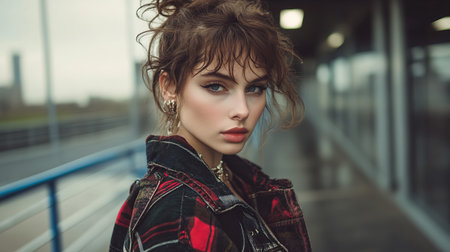 A calm and composed model gracefully exits the runway, showcasing her confidence and style amidst an urban setting, highlighting beauty and elegance.の素材