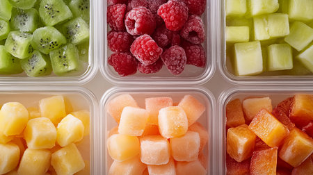 A vibrant top-down view of assorted frozen fruit sorbet in clear containers. Perfect for summer refreshment, these colorful cubes include kiwi, raspberry, and melon.の素材
