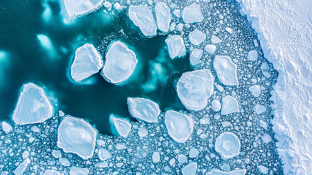 A stunning aerial view captures the geometric patterns of ice floes in the ocean, showcasing their vibrant blue hues and intricate formations. Ideal for nature enthusiasts.の素材