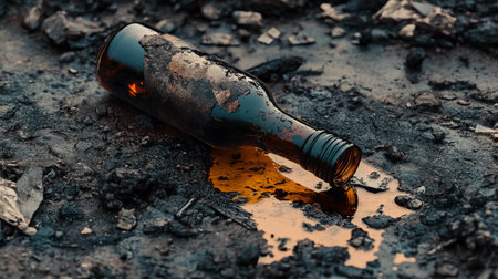 A broken bottle lies on the ground, surrounded by dirt and debris, with liquid spilling out and creating a reflective surface. A striking visual of waste and pollution.の素材