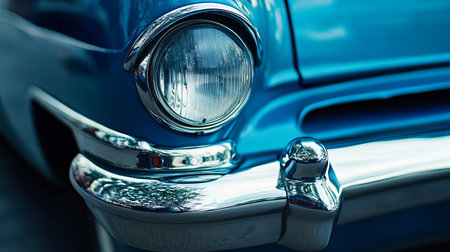Detailed close-up view of a classic car bumper showcasing the chrome finish and mounting hardware, highlighting the vintage design and craftsmanship.の素材