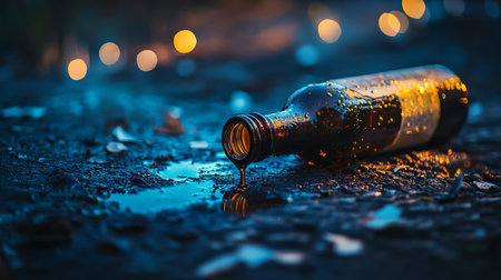 A broken glass bottle lies on the ground, spilling liquid onto the surface. The scene captures a moody atmosphere with soft bokeh lights in the background, evoking feelings of neglect.の素材