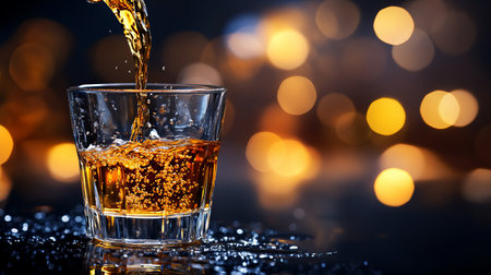 A captivating close-up shot of a glass being filled to the brim with a dark beverage, reflecting shimmering light against a blurred background, creating an enticing visual.の素材