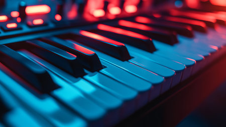 Close-up view of a MIDI controller showcasing its keys and vibrant lighting. Perfect for themes of music technology and creative expression in audio production.の素材