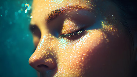 Close-up of a serene face with glistening skin reflecting sunlight, showcasing radiant beauty. The focus on texture and light captures a refreshing and vibrant essence.の素材