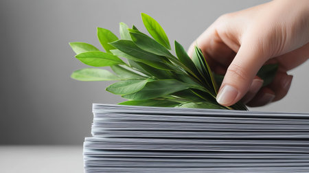 A hand gently places fresh green leaves atop a stack of financial documents, symbolizing the blend of nature and business. Ideal for eco-friendly concepts.の素材