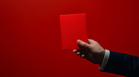 A professional hand holds a striking red envelope, symbolizing urgent news delivery. The bold color signifies importance, creating a sense of anticipation and excitement in the workplace.の素材