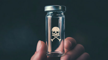 A close-up image of a hand holding a glass vial labeled with a skull and crossbones, representing danger or toxin. The clear vial showcases an empty, hazardous symbol.の素材