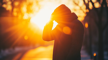 A person walks at sunset, shielding their eyes with one hand. The warm glow of sunlight creates a serene silhouette, capturing a moment of reflection and tranquility.の素材