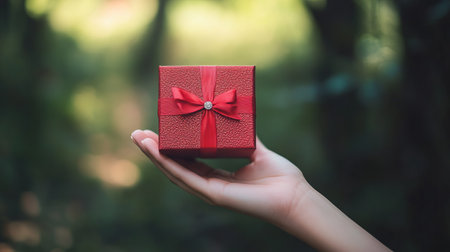 A stunning gift presented in a serene nature setting, showcasing the joy of giving and receiving. This image captures a heartfelt moment of surprise.の素材