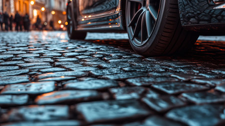 A close-up view of a car wheel resting on a cobblestone street, capturing the intricate textures and reflections. Ideal for urban and automotive themes.の素材