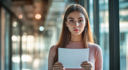 A young professional woman stands in an office corridor, holding a rejection letter. Her serious expression reflects emotions of concern and disappointment in a modern workspace.の素材