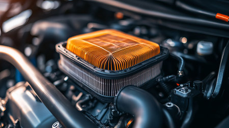 Closeup view of an air filter housing in an automotive engine, showcasing intricate details and vibrant colors. Ideal for automotive technology enthusiasts.の素材