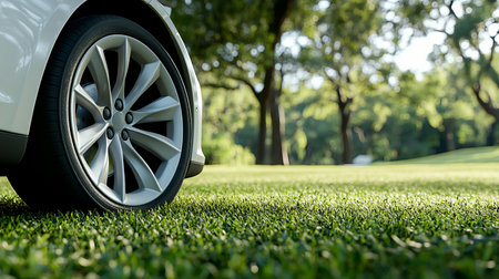 A serene view of a car wheel parked on lush grass in a picturesque countryside setting, perfect for a relaxing picnic. Ideal for travel and outdoor themes.の素材