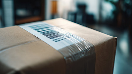 A close-up view of a parcel featuring a shipping label. This image captures the details of the packaging tape and barcode, perfect for logistics and delivery themes.の素材