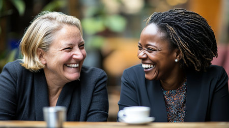 Two coworkers share a joyful moment of laughter and connection over a light-hearted joke. The scene captures their warmth and friendship in a casual setting.の素材