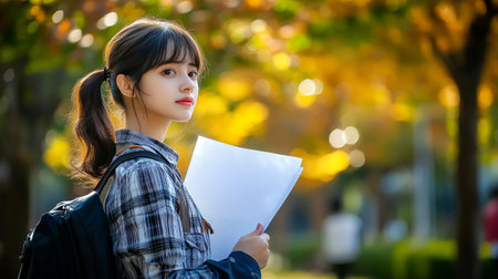 A student taking a moment to breathe deeply while holding an exam paper outdoors amidst a beautiful autumn landscape, showcasing focus and tranquility.の素材