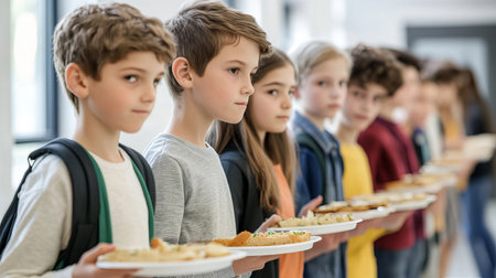 A group of students are lined up in a school cafeteria, eagerly waiting to pick up their meals. The atmosphere is one of community and youthful energy.の素材