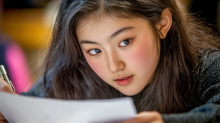 A focused student meticulously checks her answers before submitting her work, capturing a moment of diligence and concentration in a classroom setting.の素材