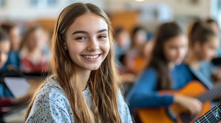A joyful student plays guitar in music class. Engaging with peers, they foster creativity and a love for music in a vibrant classroom atmosphere.の素材