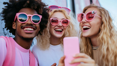 A joyful group of friends sharing laughter while taking selfies outdoors, showcasing their playful spirit in stylish pink sunglasses against a vibrant background.の素材