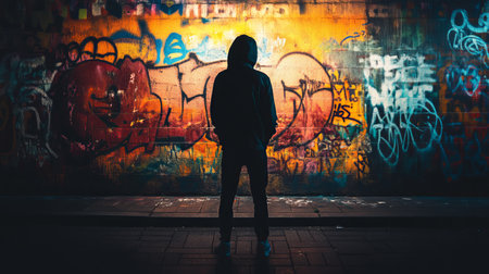 A silhouette of a person stands in front of a vibrant graffiti wall, capturing the essence of urban art and modern city life in a colorful setting.の素材