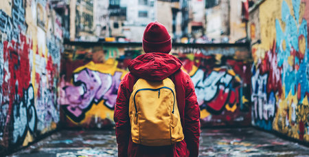 A person stands in front of a vibrant graffiti wall, showcasing urban art and culture. The scene captures a moment of creative expression and individuality.の素材