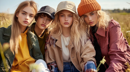 A group of models showcases eco-friendly clothing in a beautiful outdoor environment, emphasizing nature, fashion, and individual style with vibrant accessories.の素材