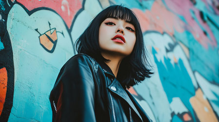 A stylish model poses confidently in a vegan leather jacket against a vibrant graffiti wall, showcasing modern urban fashion and youthful energy.の素材