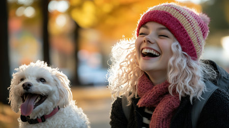 A joyful person shares a heartwarming moment with their pet dog in a vibrant autumn setting, capturing the essence of happiness and companionship.の素材