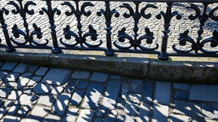 This image showcases an abstract pattern of shadows cast by an ornate fence on a cobblestone surface, highlighting the interplay of light and design in an urban setting.の素材