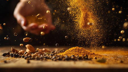 Close-up image of spices being sprinkled over a dish, showcasing a hand in action. This vibrant scene highlights the aromatic blend of culinary ingredients, perfect for food photography.の素材
