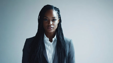 A confident female model showcases a stylish blazer and trousers in a minimalist setting. Her poised expression and modern hairstyle emphasize elegance and professionalism.の素材