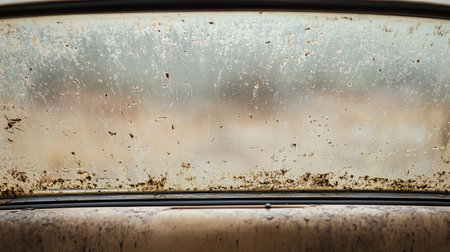 Captured from inside an old car, this dirty windshield shows mud splatters and a foggy view of the outside, emphasizing textures and neglect of the vehicle.の素材