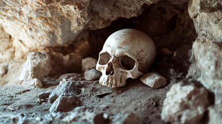 This image showcases fossilized remains in a cave setting, revealing the natural beauty and history of ancient life embedded in rock formations.の素材