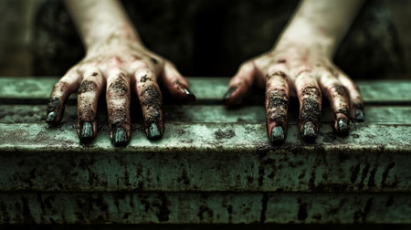 A close-up image showcasing dirty nails resting on a weathered surface, symbolizing the effort and fatigue after a long day of hard work outdoors.の素材