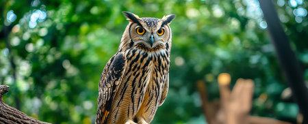 A striking owl perched confidently on a tree branch, displaying its vibrant feathers and intense gaze. This high-resolution image captures the essence of nature's beauty and the majesty of wildlife.の素材
