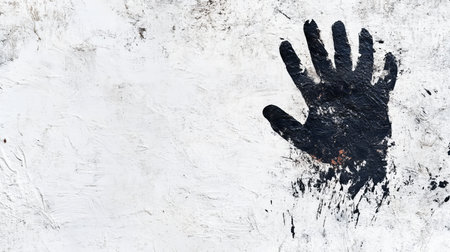 A child's dirty handprint leaves a playful mark on a white wall, capturing the essence of innocence and creativity in a simple yet striking image.の素材
