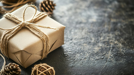 A rustic housewarming invitation scene featuring a beautifully wrapped gift with natural elements. Perfect for celebrating new beginnings and cozy gatherings.の素材