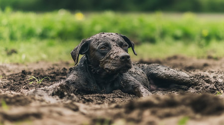 A playful dog enjoys a muddy romp in the yard, showcasing its joyful spirit. The scene captures the essence of fun and adventure in nature.の素材