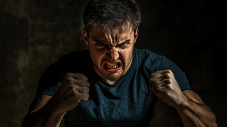A determined male displaying strong emotions with clenched fists and an intense expression. Captured against a dark backdrop, showcasing raw emotion and focus.の素材